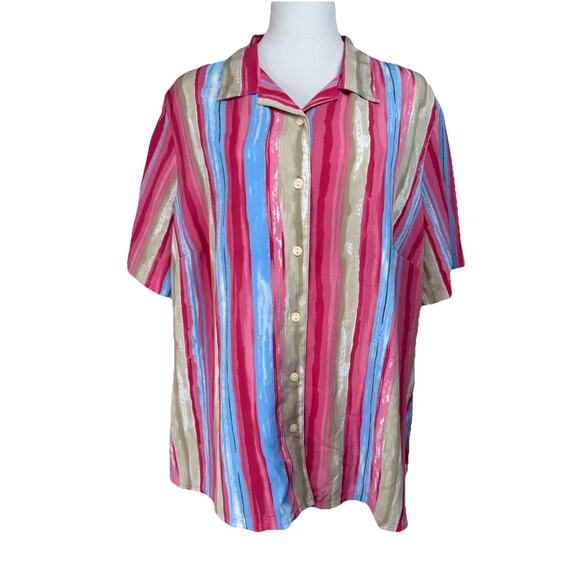 Alia Tops - Vintage 80s Alia Striped Blouse Top 18W Button Up Short Sleeves Shoulder Pads